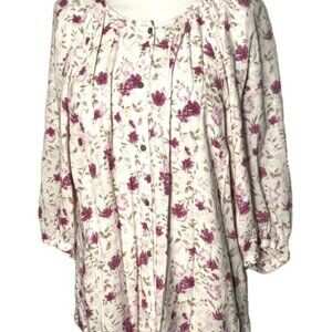 NEW Lauren Conrad Blouse Top Cream w Pink Flowers & Leaves 3/4 Sleeves sz Medium